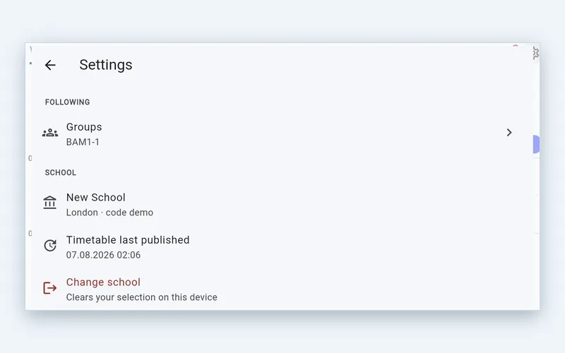 Settings screen of the Wise Timetable mobile app