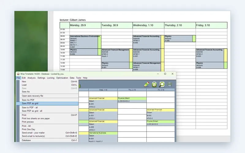 PDF and Excel timetable output from the Wise Timetable desktop application