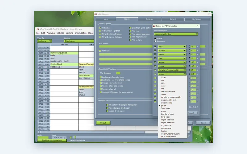 Print and export template settings in the Wise Timetable desktop application