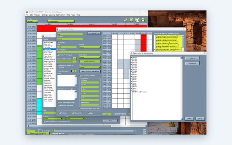 Booking rights restricting a lecturer to chosen rooms in the Wise Timetable desktop application