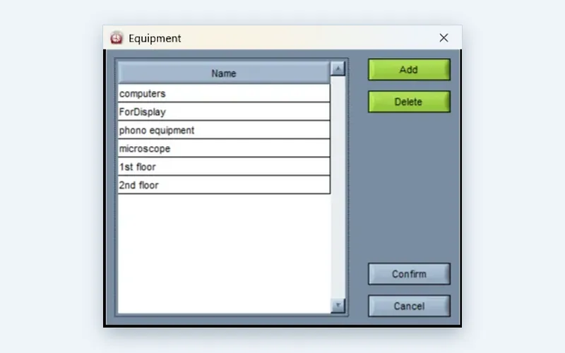 Room equipment definition in the Wise Timetable desktop application