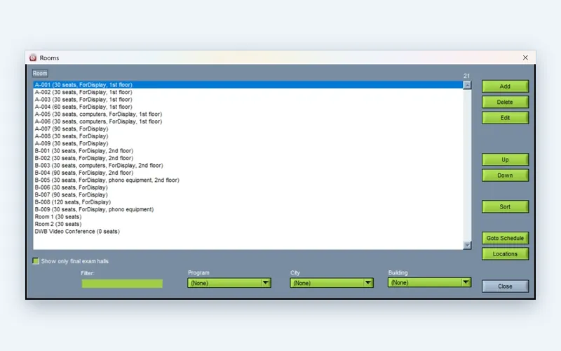 Room inventory with capacities in the Wise Timetable desktop application