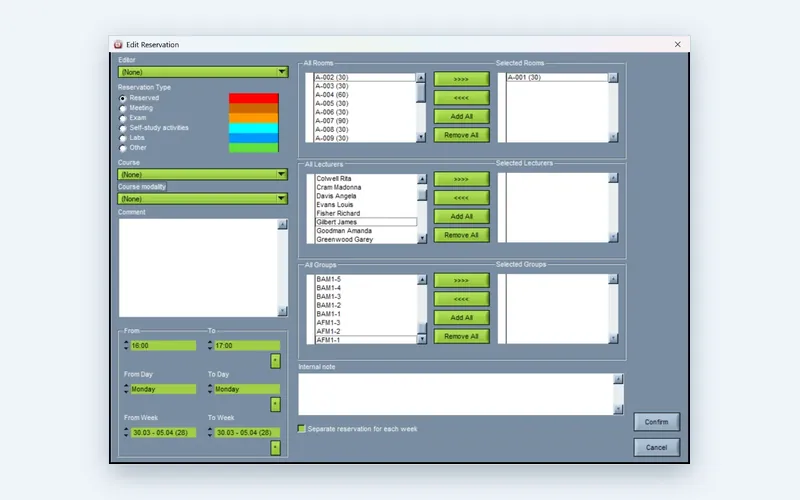 Editing a room reservation in the Wise Timetable desktop application