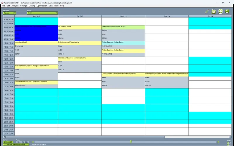 Free hours highlighted for a selected session in the Wise Timetable desktop application