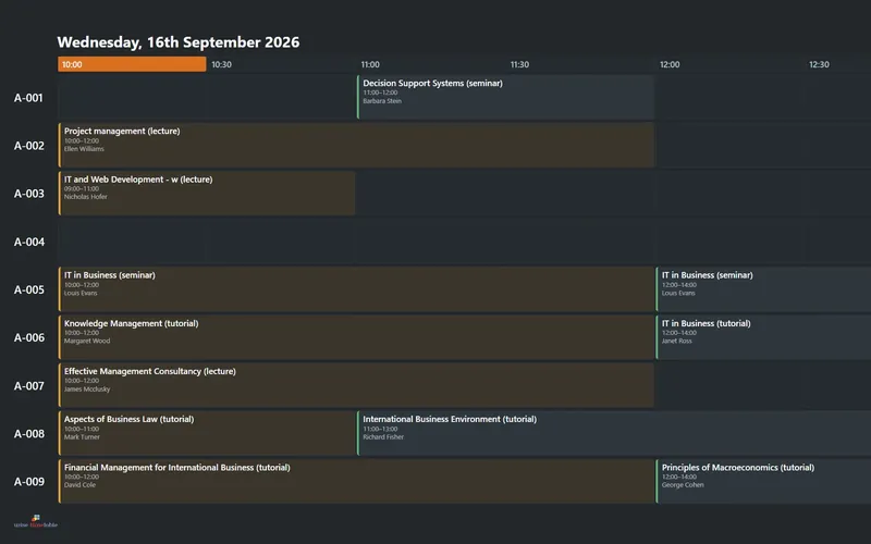 Wise Timetable info screen in the room matrix design, dark theme