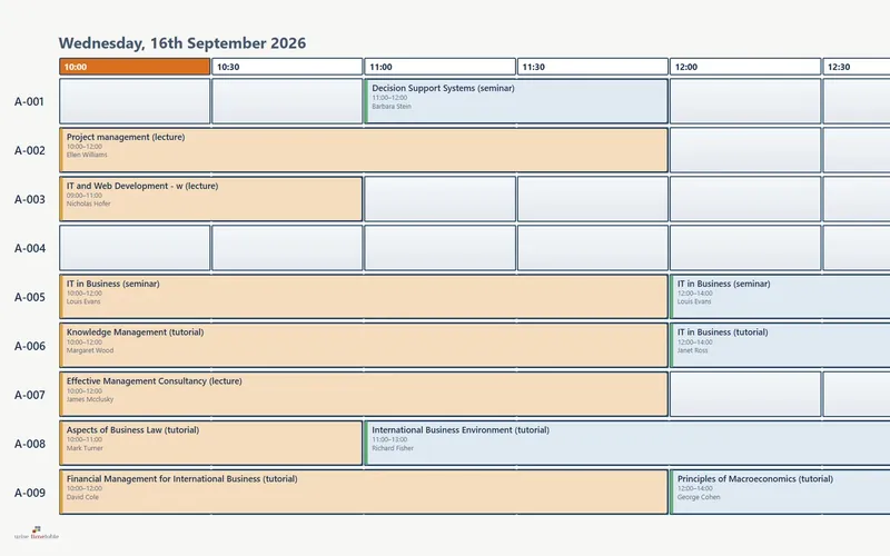 Wise Timetable info screen in the room matrix design, light theme
