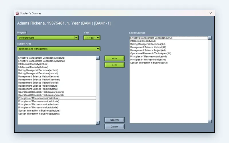 Student course enrolment in the Wise Timetable desktop application