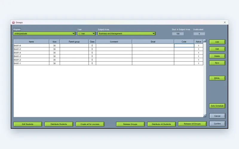 Student group list in the Wise Timetable desktop application