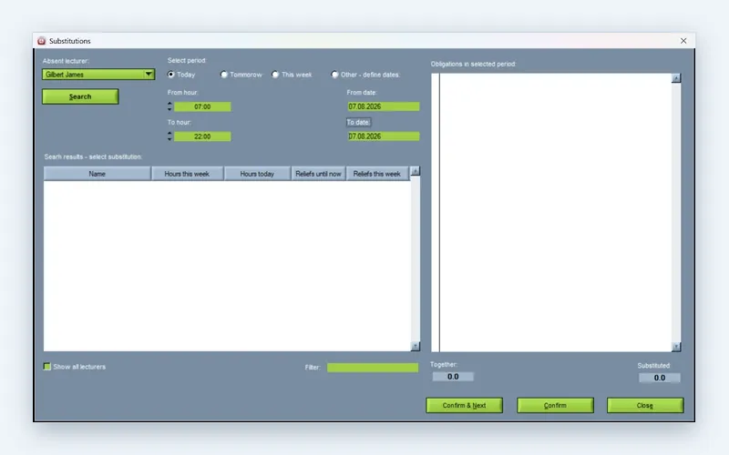 Searching for a substitute lecturer in the Wise Timetable desktop application