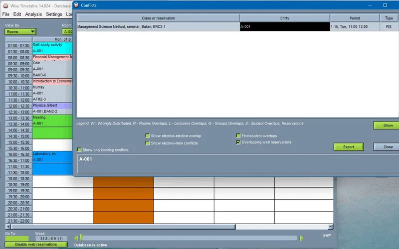 Conflict list in the Wise Timetable desktop application