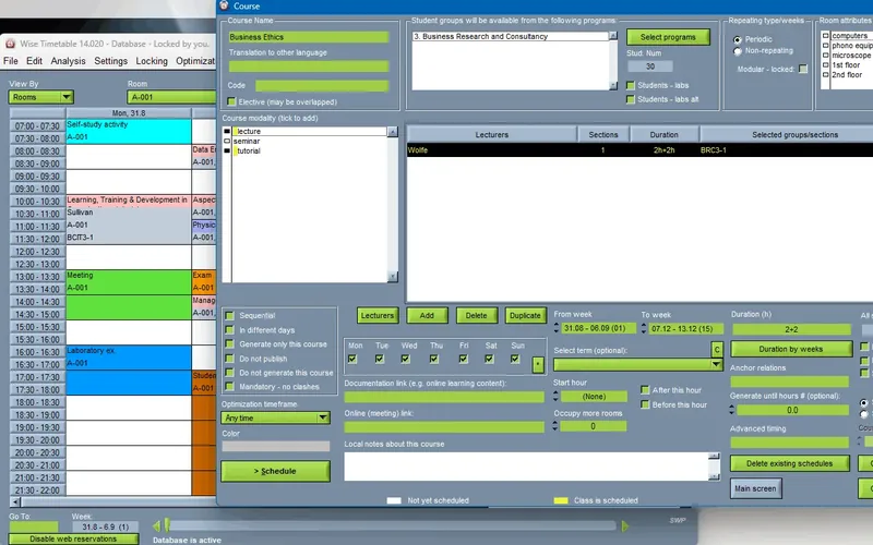The course dialog with its scheduling constraints in the Wise Timetable desktop application