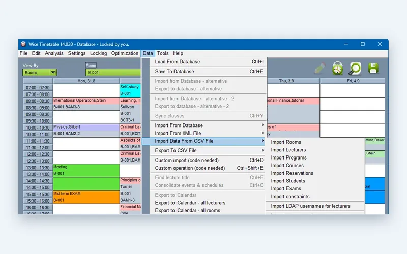Data import menu in the Wise Timetable desktop application