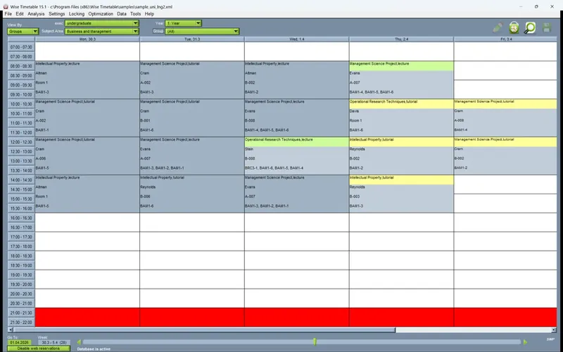 Timetable viewed by student group in the Wise Timetable desktop application
