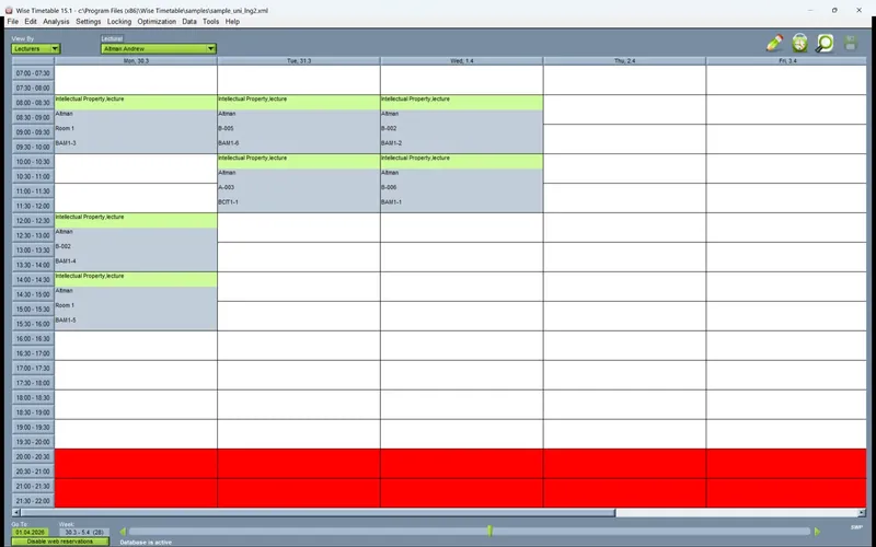 Timetable viewed by lecturer in the Wise Timetable desktop application