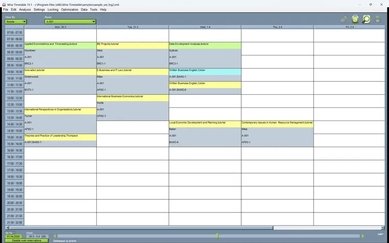 The Wise Timetable desktop application showing a generated week by room