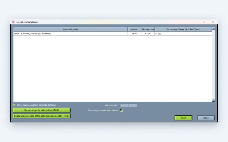 List of unscheduled classes in the Wise Timetable desktop application