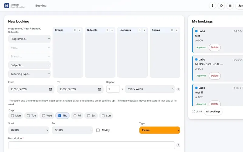 The web booking form of Wise Timetable beside the list of the user’s own bookings