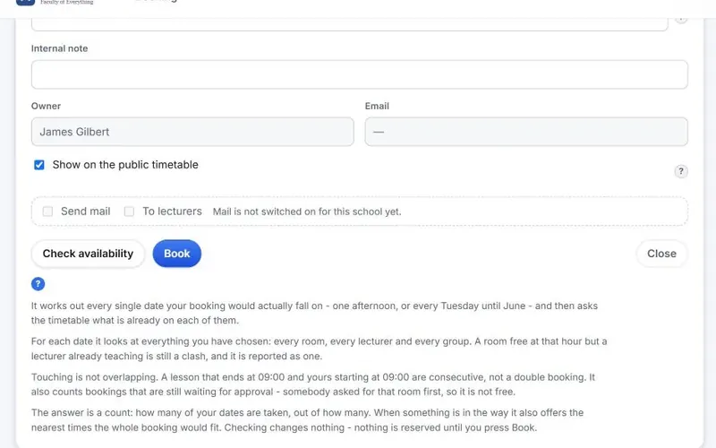 Availability check in the Wise Timetable web booking form