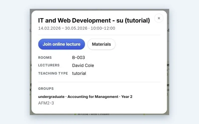 Class detail in the Wise Timetable web timetable with online lecture and materials links