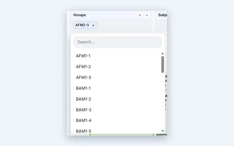 Searching for a student group in the Wise Timetable web timetable