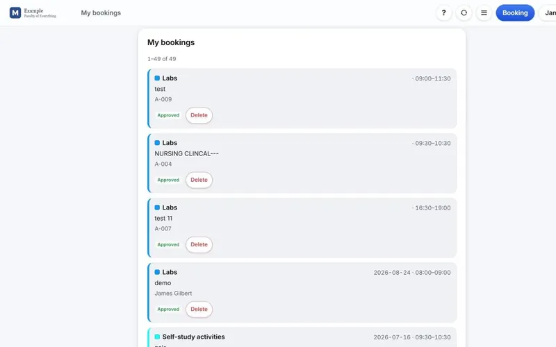 List of a user’s own bookings in the Wise Timetable web booking system