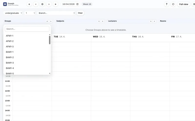 Choosing a student group in the Wise Timetable web timetable by programme, year and branch