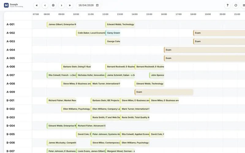 Room overview in the Wise Timetable web timetable, every room of one day side by side