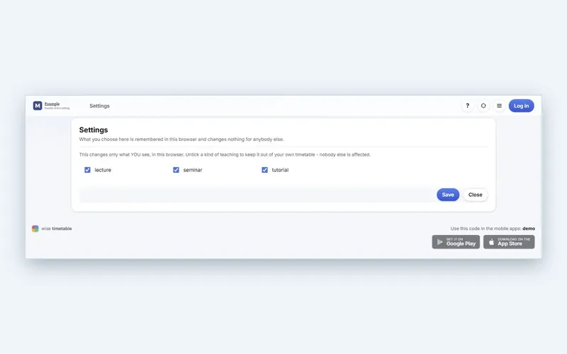 Personal view settings of a visitor to the Wise Timetable web timetable