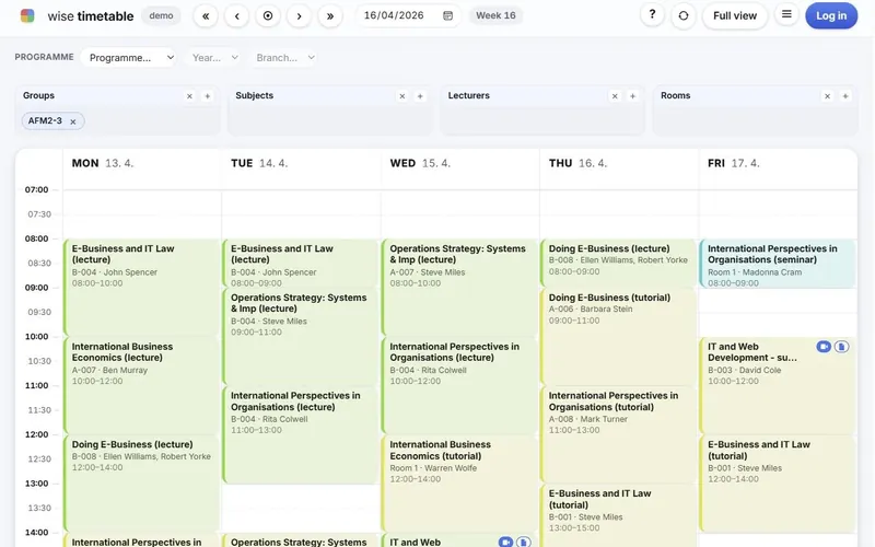 Wise Timetable web timetable with group, subject, lecturer and room filters