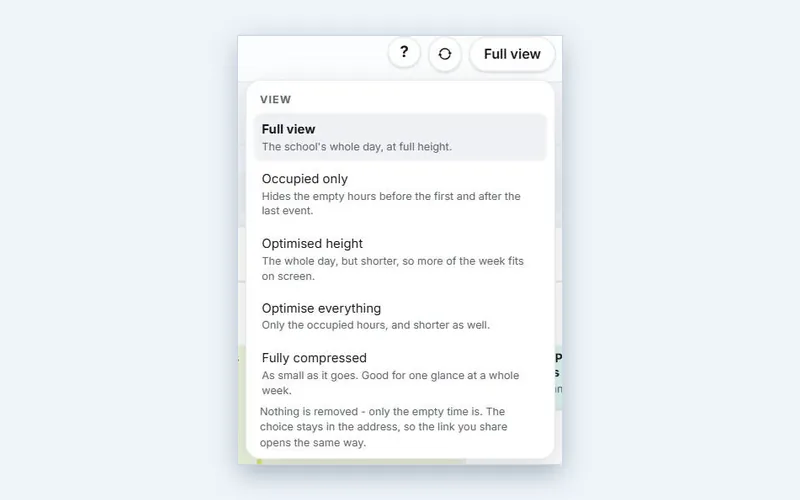 The five view modes of the Wise Timetable web timetable