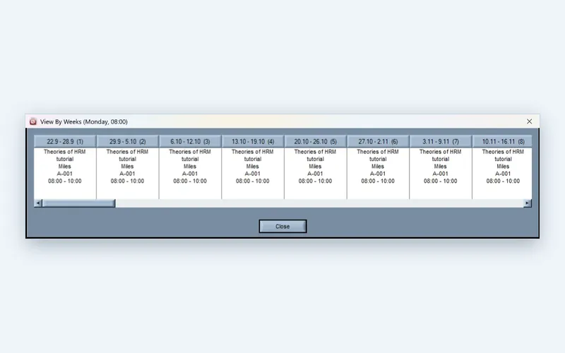 A session shown week by week in the Wise Timetable desktop application