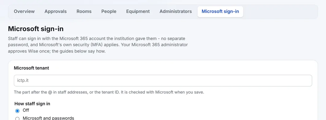 The Microsoft sign-in tab with the tenant and the sign-in mode