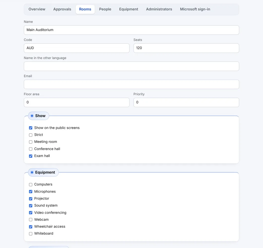 One room's record: name, code, seats, e-mail, kind, equipment and who may book it