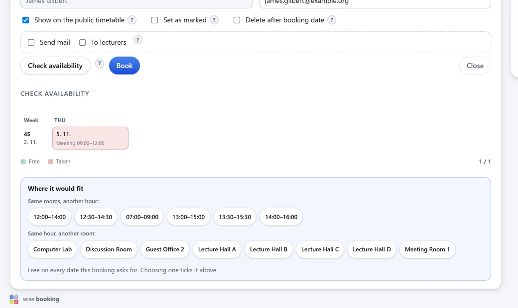 The availability check: one date taken, and suggestions for other hours and other rooms