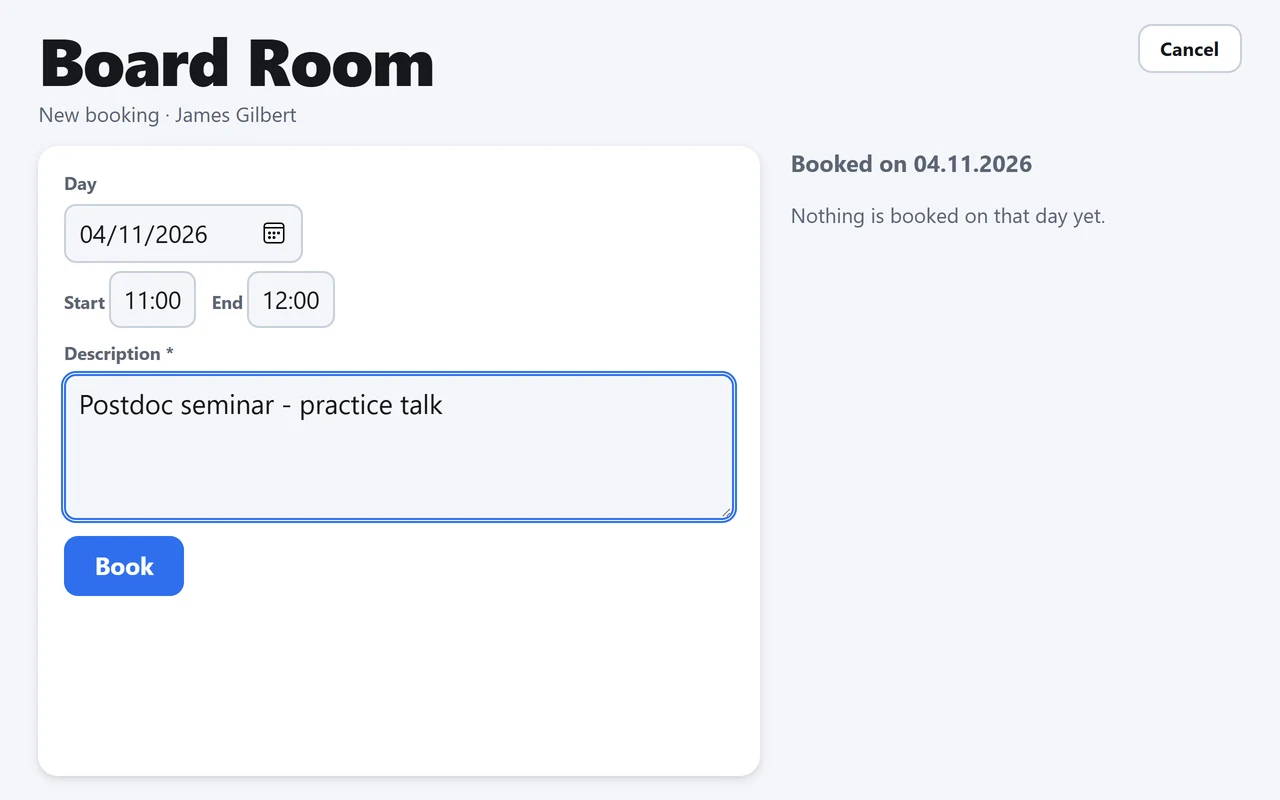 The panel's booking form: day, start, end and description, with the chosen day's bookings beside it