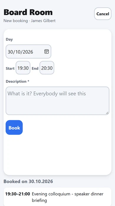 The panel's booking form on a phone