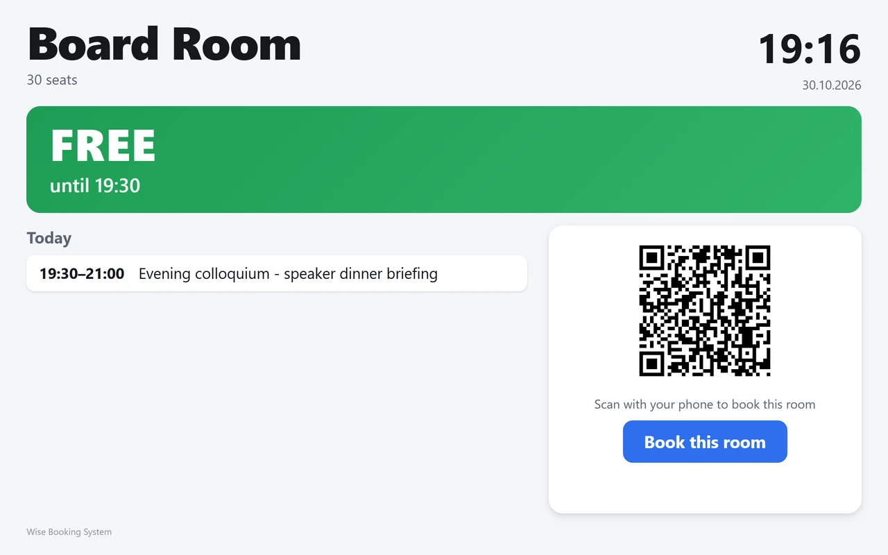 The Board Room's panel: free until 19:30, one evening booking, a QR code and a Book this room button