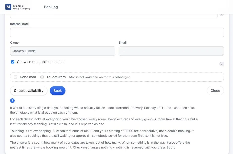Availability check in the Wise Timetable web booking form