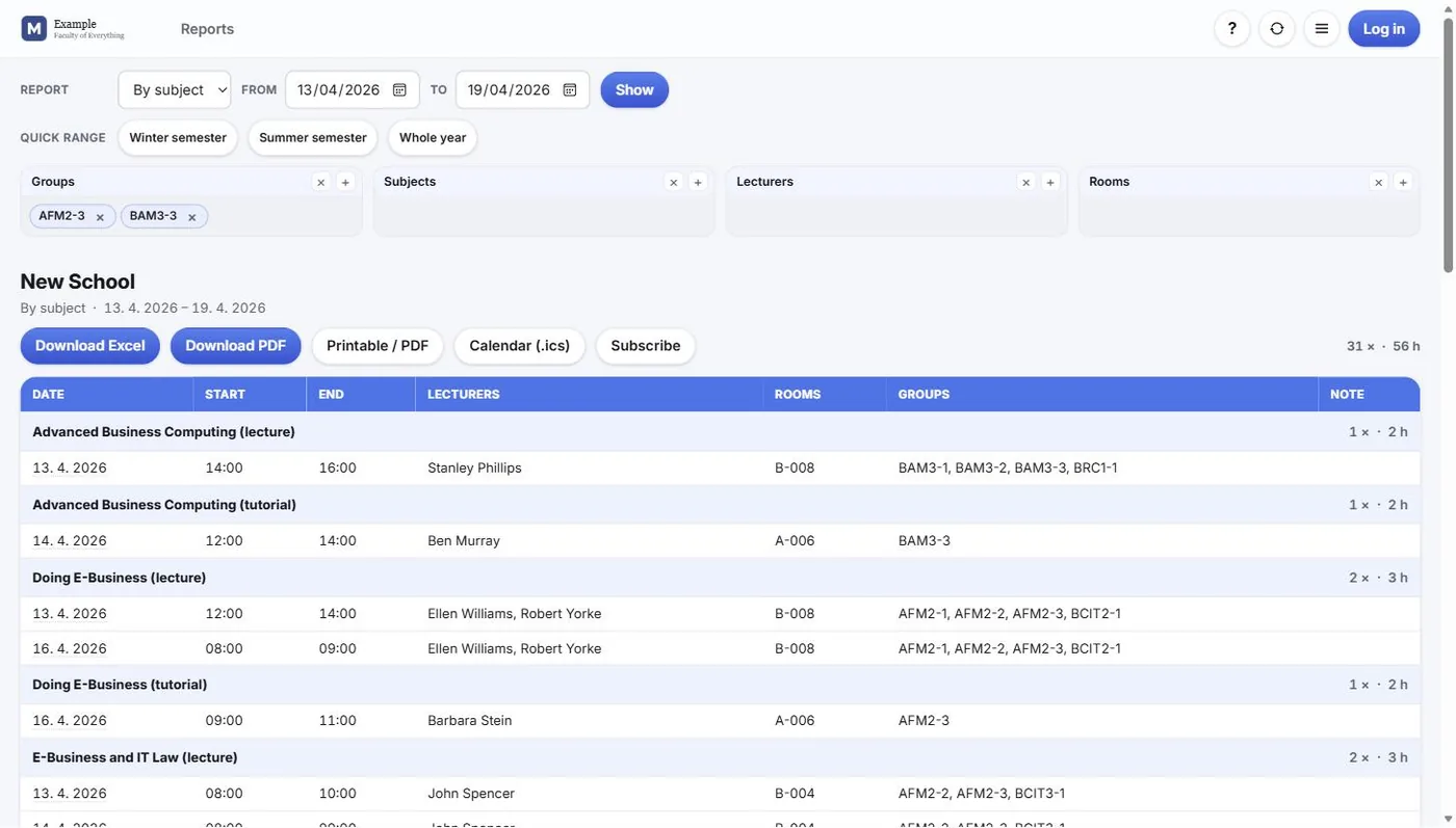 Timetable reports run from a browser in the Wise Timetable web system