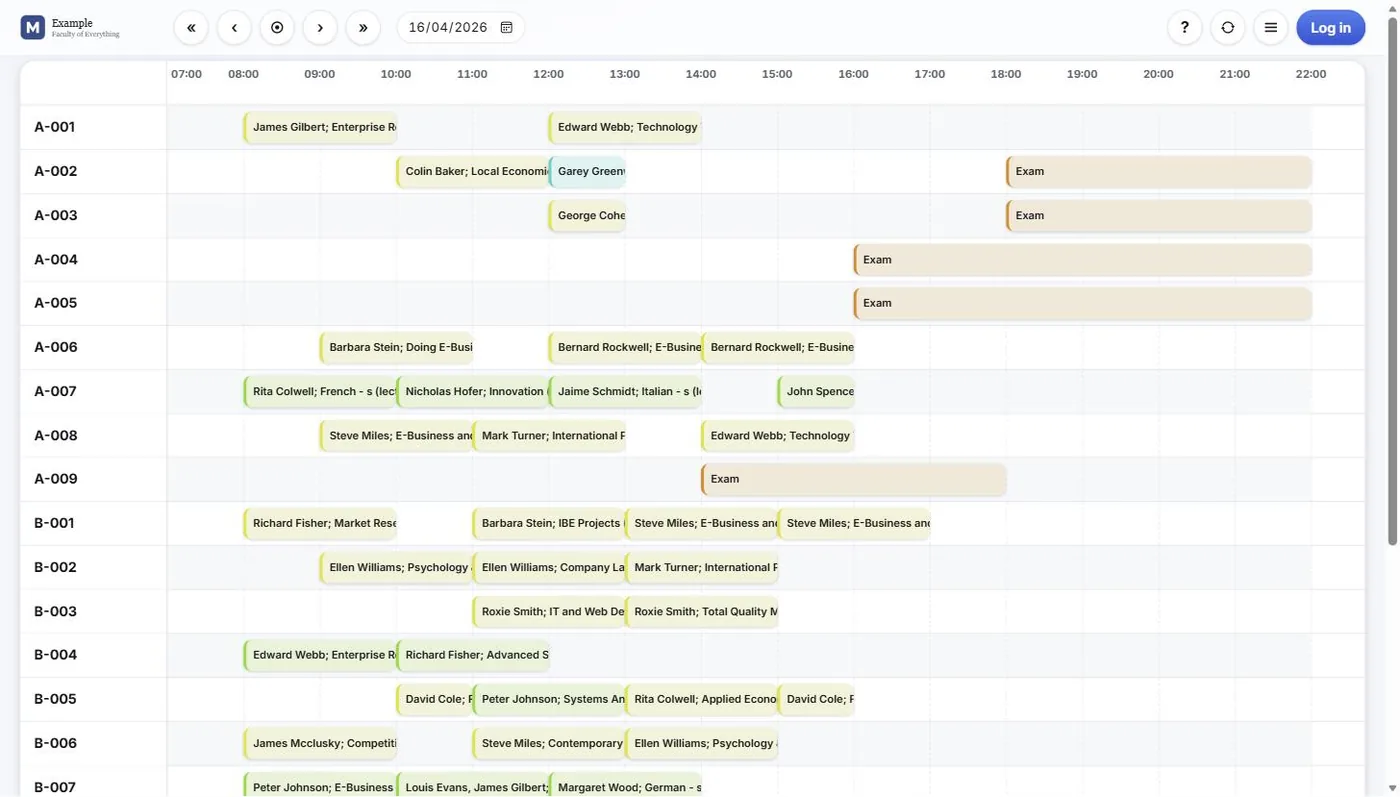 Room overview in the Wise Timetable web system, showing every room of one day side by side
